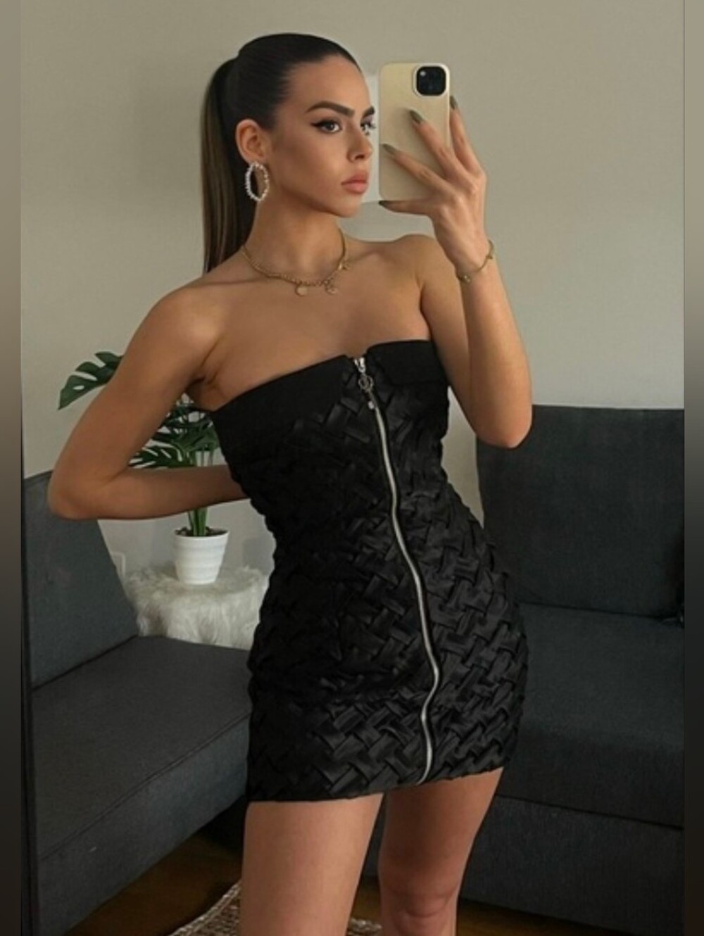 Strapless Black Mini Dress with Front Zip XS